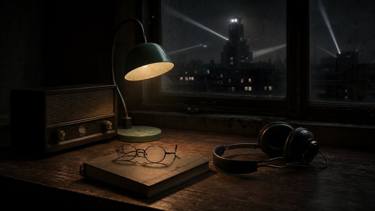 Scrivania con vecchia radio, occhiali e cuffie in una stanza dalla luce fredda e sorvegliata