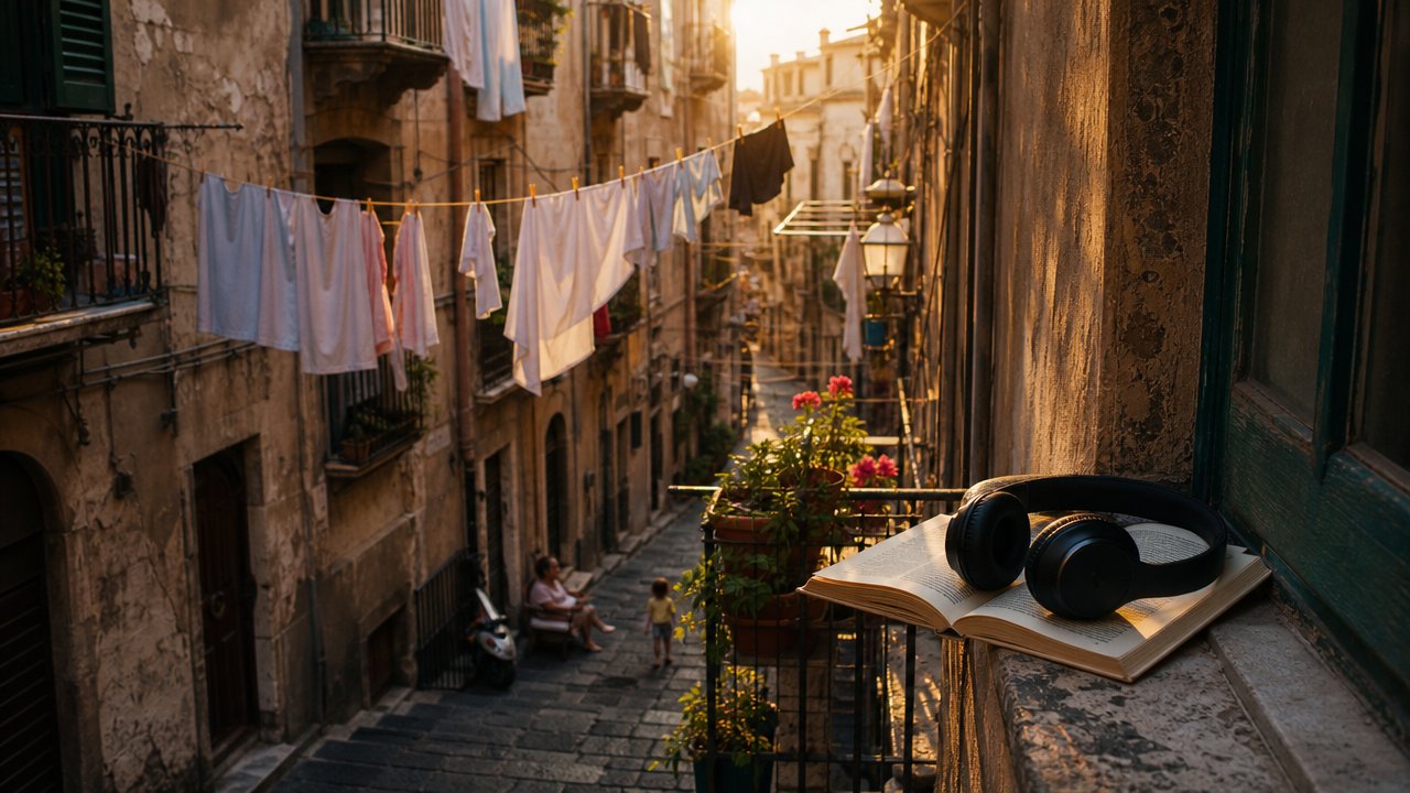 Vicolo di un quartiere popolare napoletano al tramonto, con panni stesi e luce calda