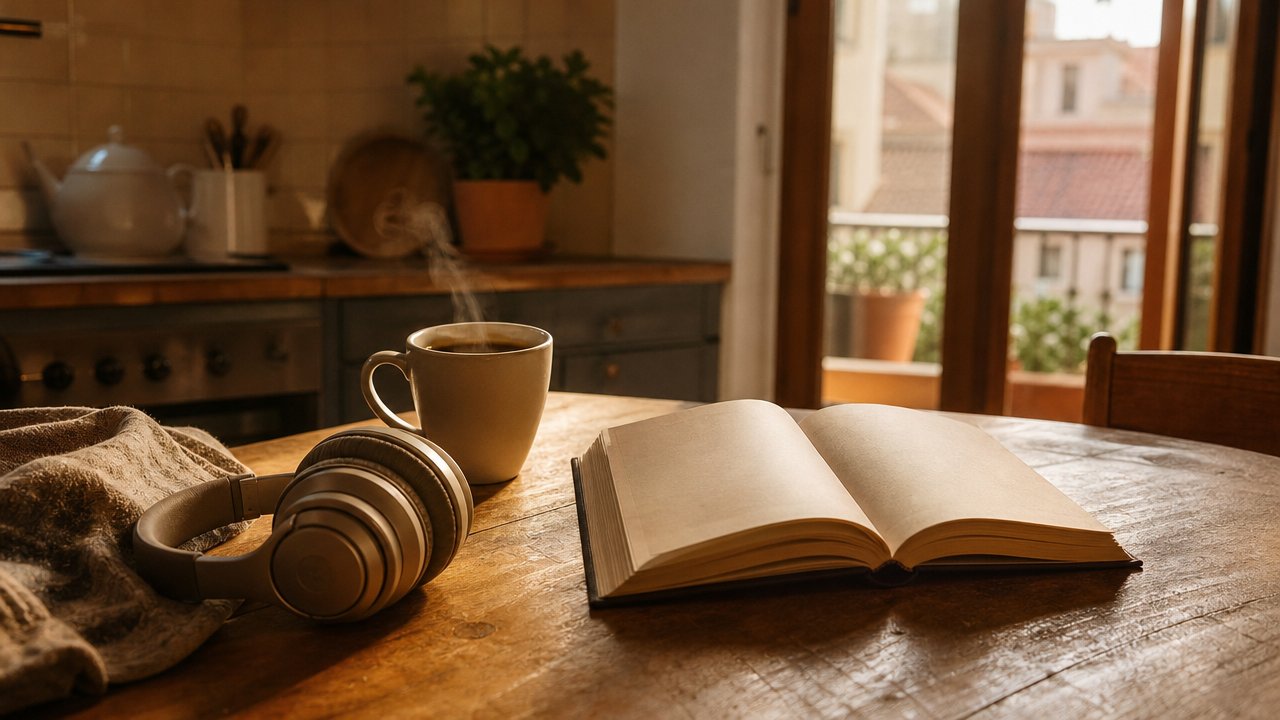 Tavolo di legno con una tazza di caffè, cuffie e un libro aperto in una cucina con luce calda