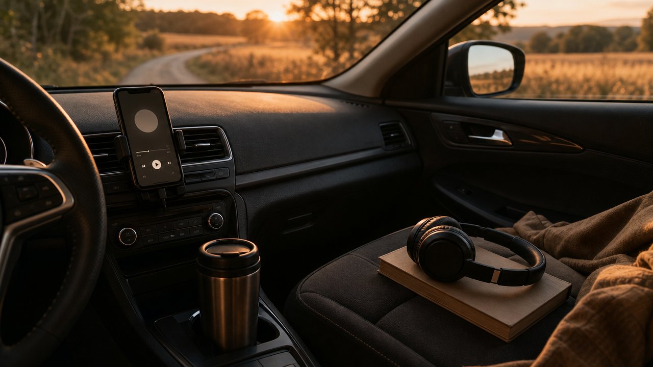 Interno di un'auto al tramonto con smartphone sul cruscotto, cuffie e un libro sul sedile