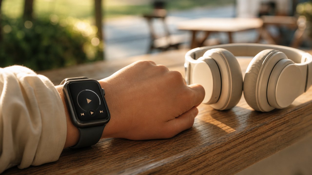 Smartwatch al polso con cuffie wireless su un tavolo di legno, luce calda pomeridiana
