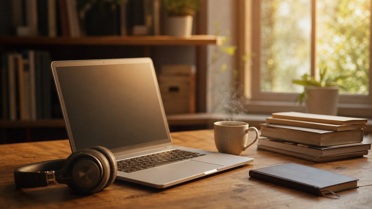 Laptop aperto su un tavolo con cuffie e una tazza di caffè, luce calda pomeridiana
