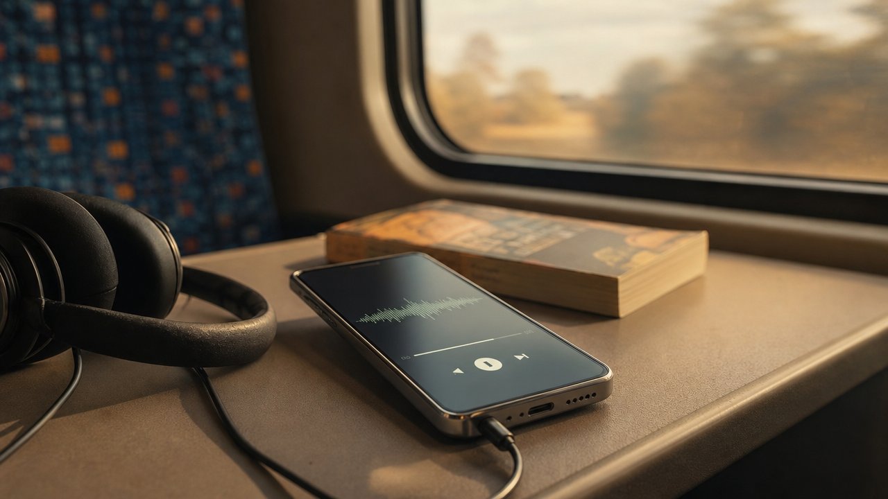 Smartphone con app di audiolibri sul sedile di un treno, cuffie e un libro, luce calda pomeridiana