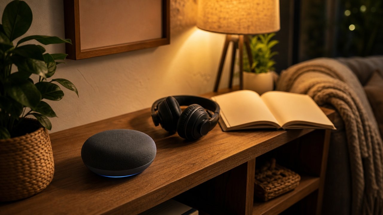 Altoparlante smart su una mensola del salotto con cuffie e un libro aperto, luce calda pomeridiana