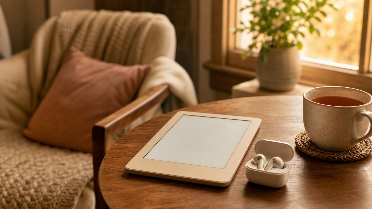 E-reader su un tavolo di legno accanto a auricolari wireless, luce calda pomeridiana