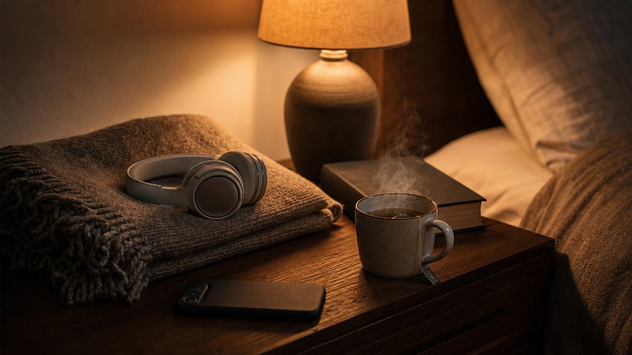 Comodino con lampada calda, cuffie, libro e tisana per ascoltare audiolibri prima di dormire
