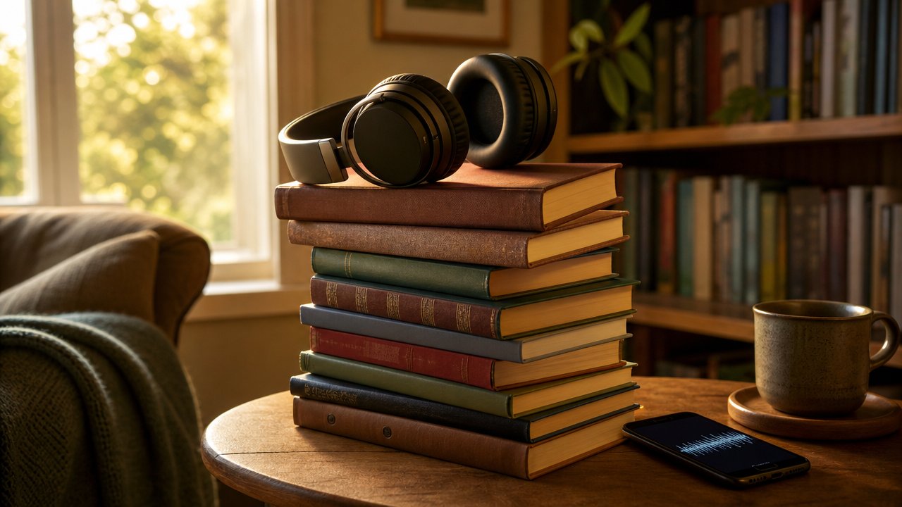 Cuffie appoggiate su una pila di libri in un salotto con luce calda