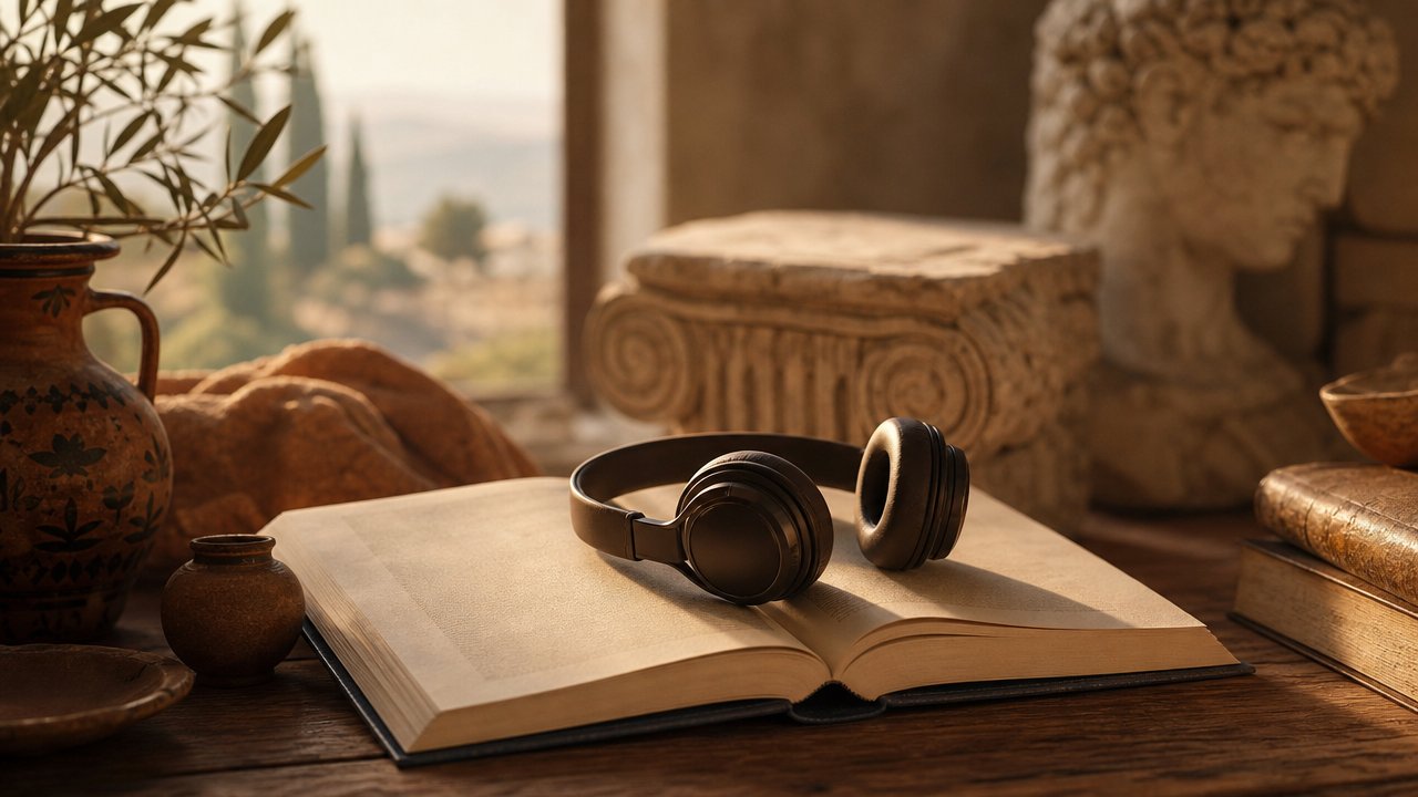 Libro di poesia aperto su un tavolo di legno accanto a un paio di cuffie, luce calda al tramonto, statuetta classica sfocata sullo sfondo