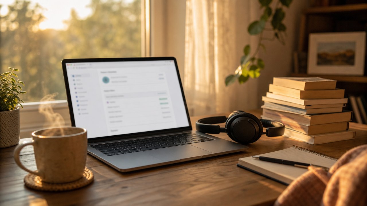 Scrivania con laptop aperto su una pagina di account, cuffie e una tazza di caffè, luce calda pomeridiana