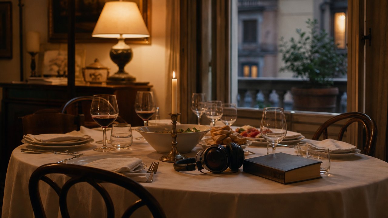 Tavola imbandita per una cena tra amici con luce calda serale, libro e cuffie appoggiati sulla tovaglia