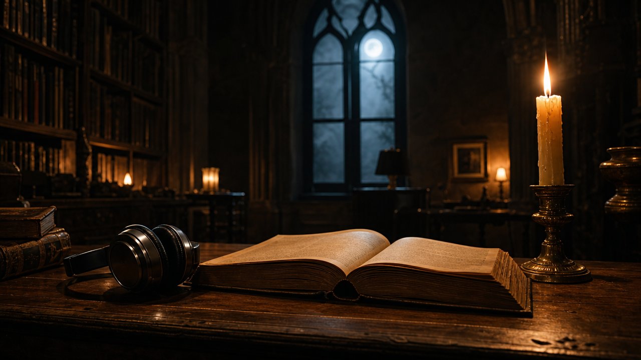 Candela accesa su una scrivania di legno scuro con un libro antico e un paio di cuffie, finestra con luce di luna sullo sfondo