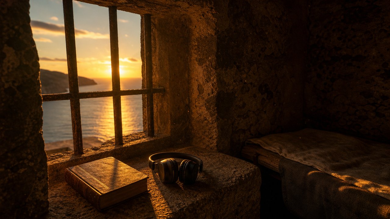 Cella di una fortezza marina con vista sul mare, cuffie e libro antico illuminati da luce calda al tramonto