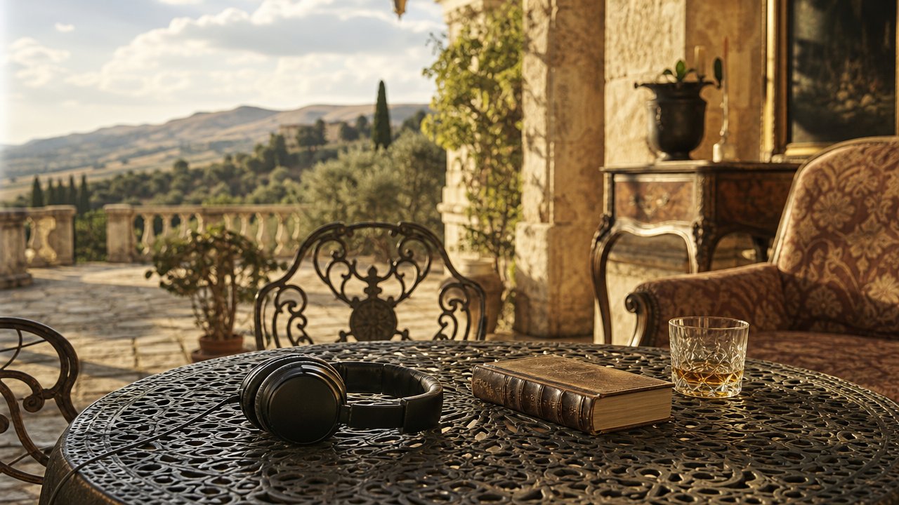 Terrazza di una villa siciliana ottocentesca con cuffie, libro antico e paesaggio dorato sullo sfondo