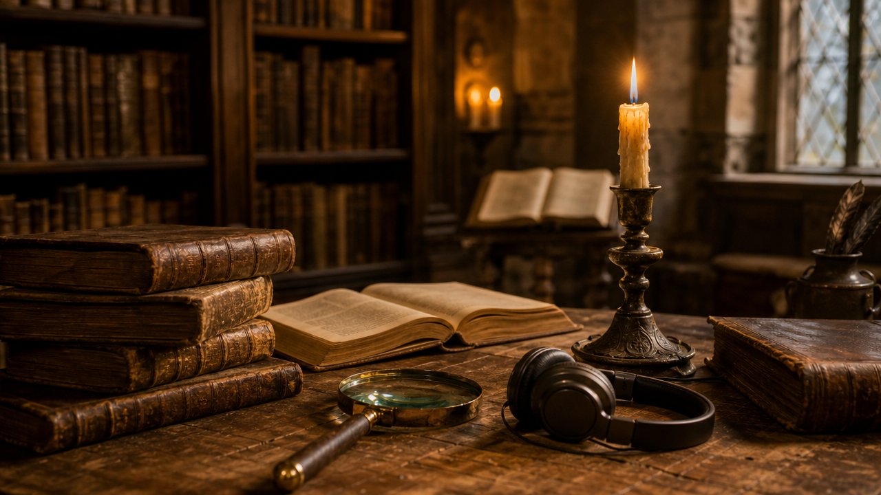 Biblioteca di un'abbazia medievale con candela, lente d'ingrandimento e cuffie su un antico manoscritto