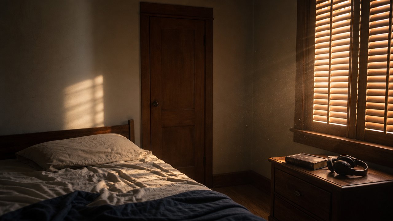 Camera da letto spoglia all'alba con luce calda tra le persiane, libro antico e cuffie su un comodino