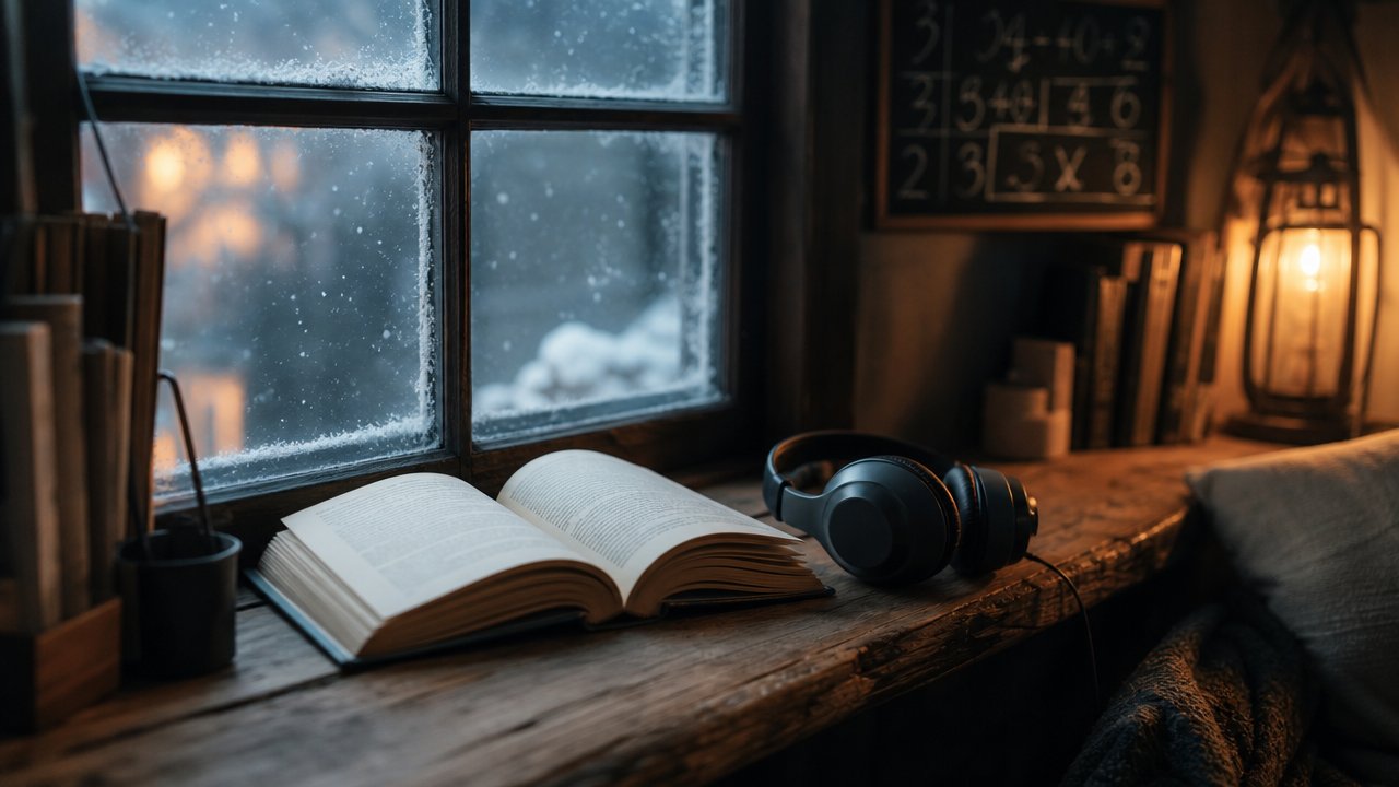 Angolo di lettura con libro aperto, cuffie e luce calda contro una finestra con la neve fuori