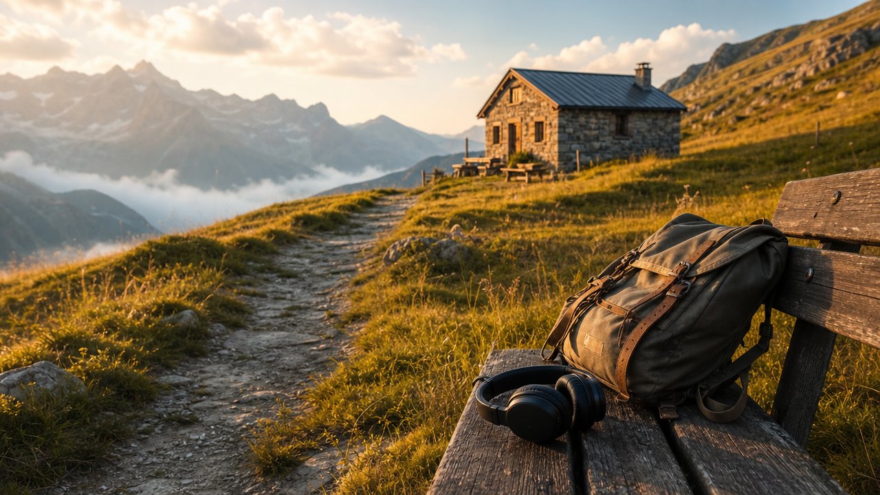 Sentiero di montagna al tramonto sulle Alpi, con una baita in pietra in lontananza e un paio di cuffie appoggiate su una panca di legno