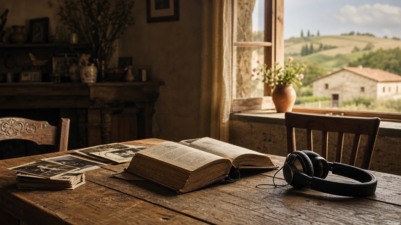 Tavolo di legno con un libro aperto, cuffie e vecchie fotografie di famiglia in una cucina di campagna con luce calda