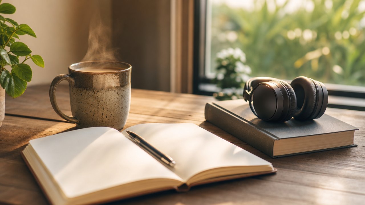 Taccuino aperto, penna e cuffie su una scrivania di legno con luce calda del mattino