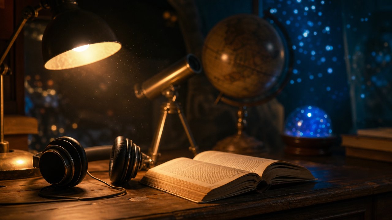 Scrivania con libro aperto, cuffie e un piccolo globo in una stanza con luce calda e atmosfera da fantascienza retrò