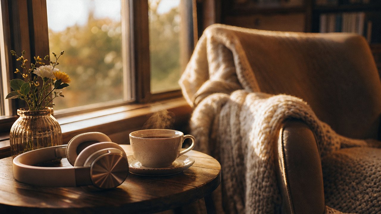 Cuffie e una tazza di tè su un divano accanto a una finestra con luce calda del pomeriggio, atmosfera di lettura rilassata