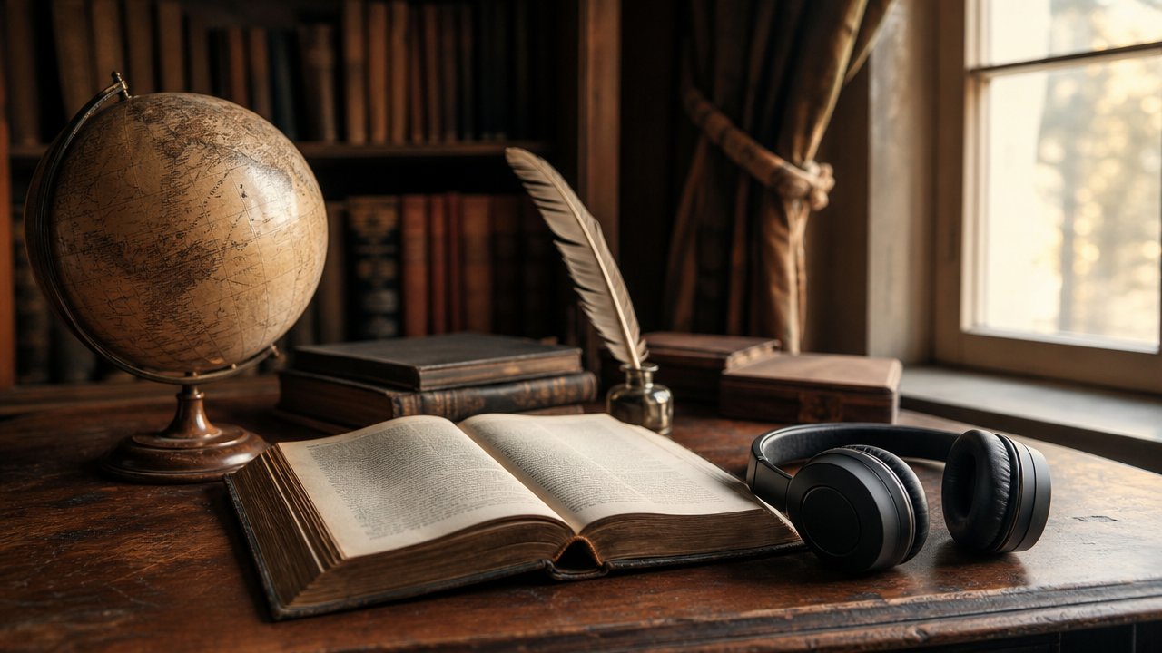 Scrivania antica con libro di pelle aperto, cuffie, globo e penna d'oca illuminati da luce calda