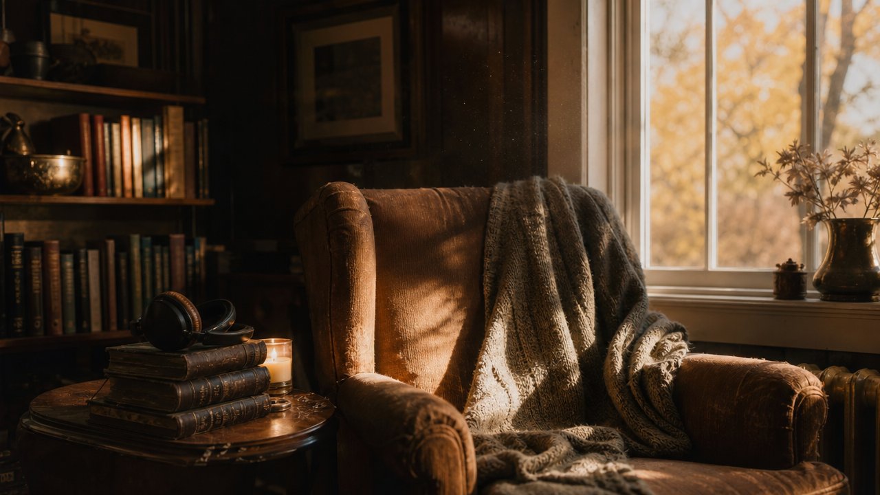 Salotto d'epoca con poltrona, libro aperto, cuffie e luce calda pomeridiana da una finestra