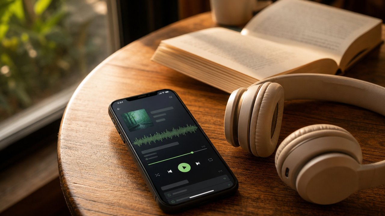 Smartphone con cuffie e un libro aperto su un tavolo di legno, luce calda pomeridiana