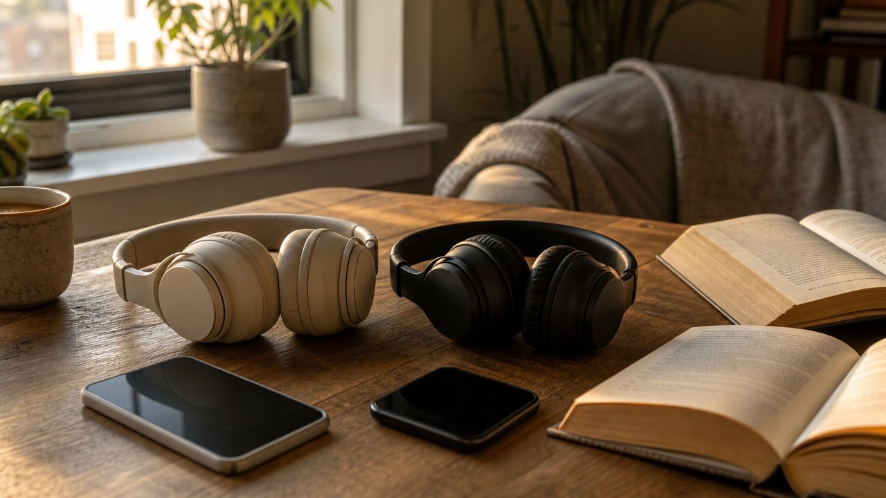 Due paia di cuffie e due smartphone affiancati su un tavolo di legno con libri aperti, luce calda pomeridiana